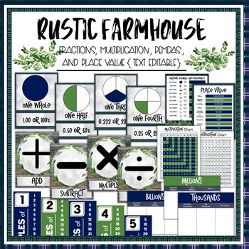 Preview of Math Fractions, Multiplication, PEMDAS, and Place Value - Rustic Farmhouse