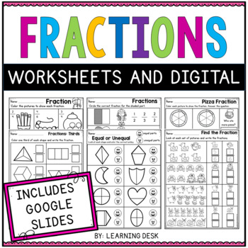 Preview of Math Fractions Worksheets Google Slides Kindergarten First and Second Grade