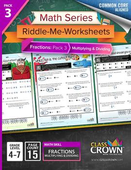 fractions worksheets math riddles pack 3 multiply divide 4th 7th grade