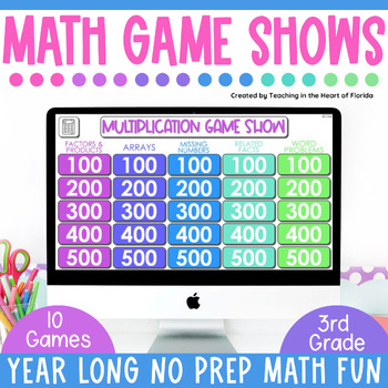 Preview of Math Game Show Jeopardy Style Multiplication Fractions Rounding Data Analysis