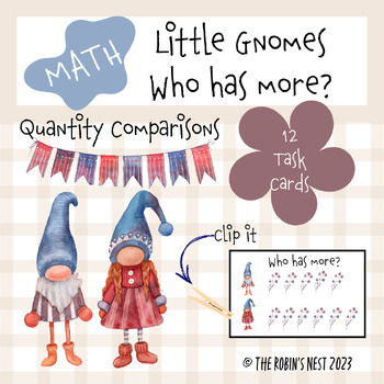 Preview of Math Gnome Themed "Who has more?" Work Task Cards