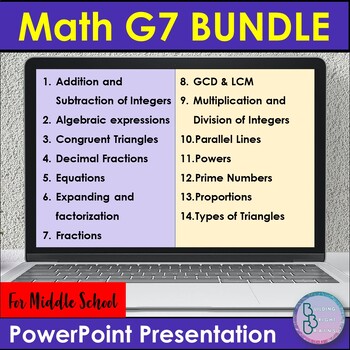 Preview of Math Grade 7 Bundle | Fractions Integers Powers Algebraic Expressions Triangles