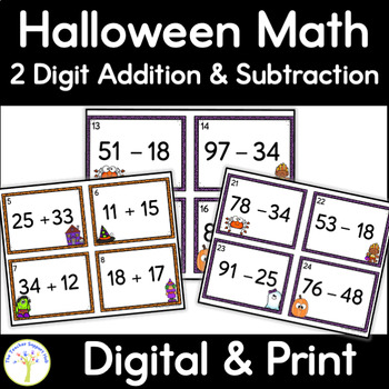 Preview of Math Task Cards Write the Room Addition and Subtraction within 100 Halloween