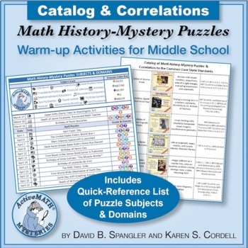 Preview of Middle School Math-History PDF Mini Lesson Puzzles Catalog & Correlation Chart