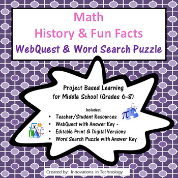 Preview of Math History and Fun Facts WebQuest & Word Search Puzzle