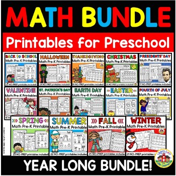 Preview of Math Holiday and Seasonal Worksheets for Preschool Year-Long Bundle