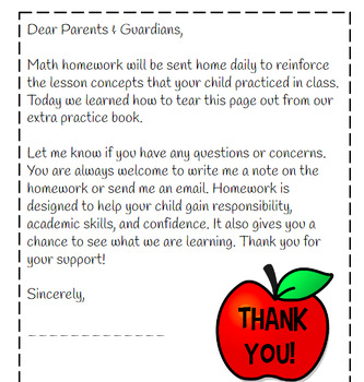 Preview of Math Homework Letter to Parents
