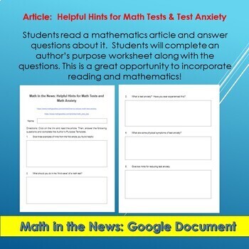 Preview of Math In the News: Helpful Hints for Math Tests & Math Anxiety-Distance Learning