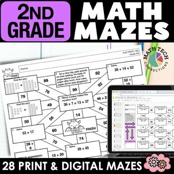Preview of 2nd Grade Math Review Activities, Interactive Notebook MATH MAZES Spiral Review