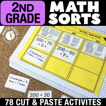 Preview of 2nd Grade Math Sorts Spiral Review Centers, Interactive Notebook, Test Prep