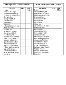 Preview of Math Journal Success Criteria