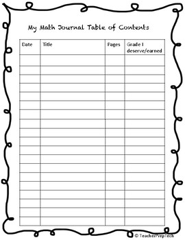 Math Journal: Table of Contents by Teacher Prep | TPT