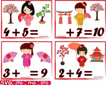 Preview of Math Kokeshi Japanese Dolls school Clip Art asian Kimono Kawaii count -352S