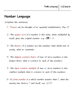Math Language - Natural Numbers Worksheet for 9 - 16 year olds | TpT