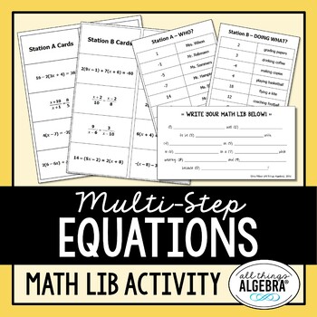 Multi Step Equations Math Lib By All Things Algebra Tpt