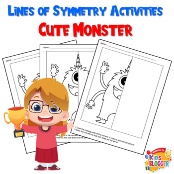 Preview of Math Lines of Symmetry Drawing and Coloring Activities Cute Monsters Worksheets