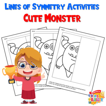Preview of Math Lines of Symmetry Drawing and Coloring Cute Monsters Activities Worksheets