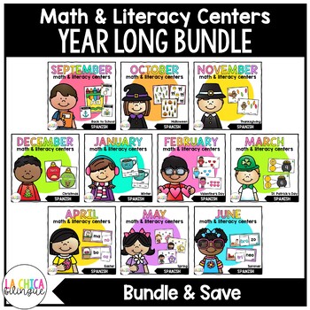 Preview of Math & Literacy Centers in Spanish {Year Long Bundle}