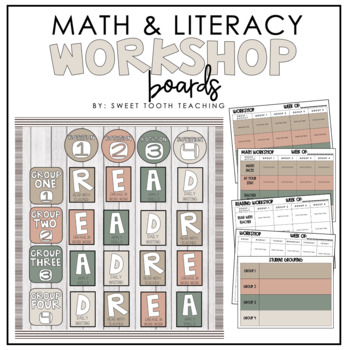 Preview of Math & Literacy Workshop Boards Neutral Color | EDITABLE| Math & Reading Centers