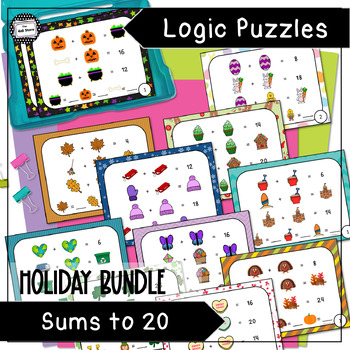 Preview of Logic Puzzle Holiday Task Cards for the Year Sums to 20 Math Enrichment Bundle