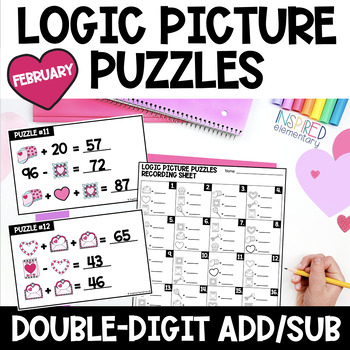 Preview of Math Logic Puzzles Double-Digit Addition Subtraction Valentines Math