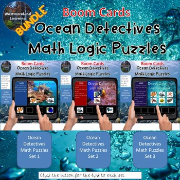 Preview of Math Logic Puzzles Ocean Detectives Interactive Boom Cards BUNDLE