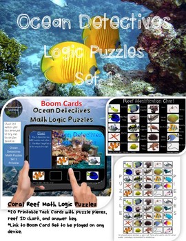 Preview of Math Logic Puzzles Ocean Set 1 Printable Task Cards & Interactive Boom Cards