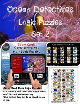 Preview of Math Logic Puzzles Ocean Set 2:  Printable Task Cards & Interactive Boom Cards