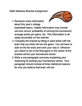 Preview of Math Madness Basketball Bracket Challenge with Research and Writing Assignment