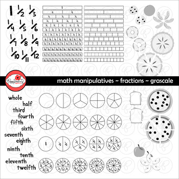 Preview of Math Manipulatives - Fractions Clipart by Poppydreamz (GRAYSCALE/LINE ART ONLY)