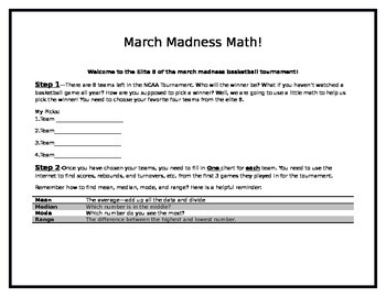 Preview of Math March Madness using mean, median, mode and range