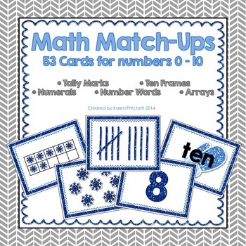 Preview of Math Match Up Cards - Winter theme tally marks, ten frames, number words