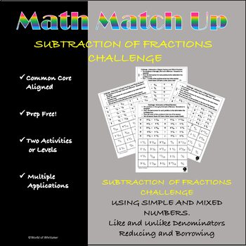 Preview of Math Match-Up:  Subtraction of Simple Fractions and Mixed Numbers