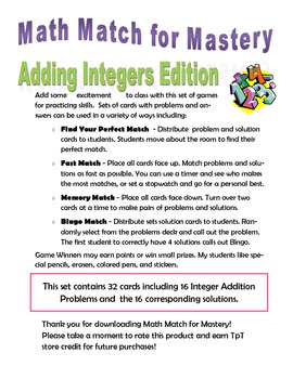 Preview of Math Match for Mastery - Integer Addition