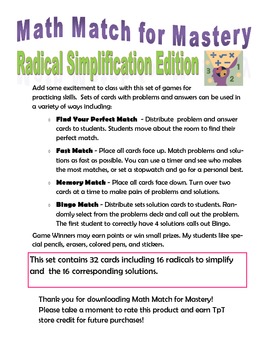 Preview of Math Match for Mastery - Radical Simplification Edition