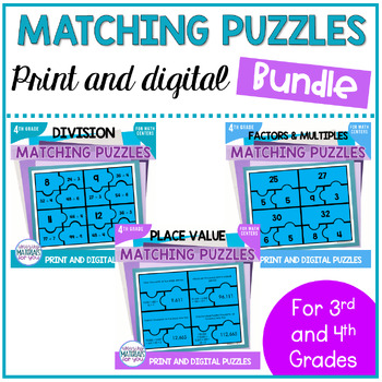 Preview of Math Matching Puzzles for Third and Fourth Grade Digital and Print BUNDLE