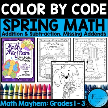 Preview of Spring Math Color By Code 1st, 2nd, 3rd Grade Addition & Subtraction Worksheets