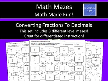 Preview of Math Maze:  Converting Fractions to Decimals