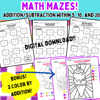 Preview of Math Mazes Add/Subtract with 5, 10, & 20. Kindergarten-2nd K.O.A.5/K.CC.B.5