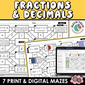 Preview of 4th Grade Math Review Fractions and Decimals Practice Math Mazes Print & Digital
