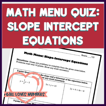 Preview of Math Menu Quiz: Slope Intercept Equations