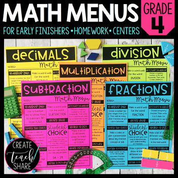 Preview of Math Menus - 4th Grade | Choice Boards | Printable & Digital Math Worksheets