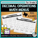 Decimal Operations Activities | Editable Math Menus for TEKS Math