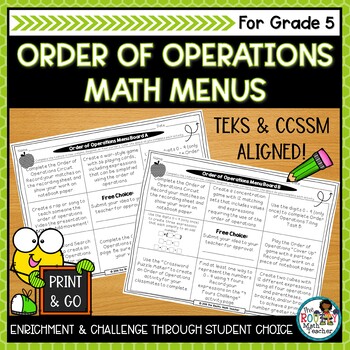 Preview of Order of Operations Activities | Editable Math Menus for TEKS and Common Core
