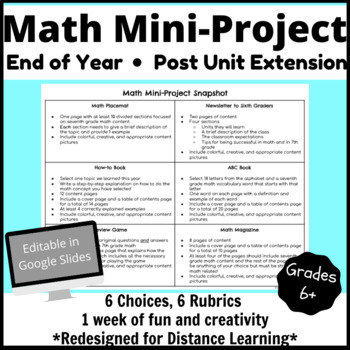 Preview of Math Mini Project- 6 Choices/Rubrics- Editable- End of Year