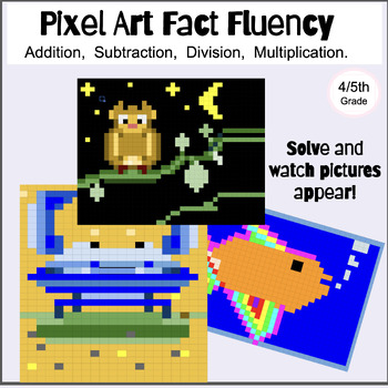 Preview of Math Mixed Fact Fluency Pixel Art Grades 4-6 Centers Google Sheets™ and print