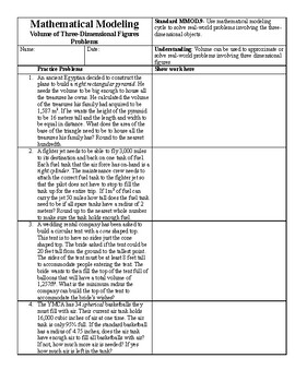 Preview of Math Modeling Volume of Sphere, Cylinder, Pyramid, Cone, Practice Word Problems