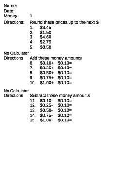 Preview of Math Money Skills - add, subtract, round