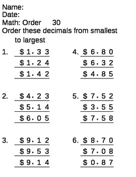 Preview of Math Money Skills - ordering from smallest to largest
