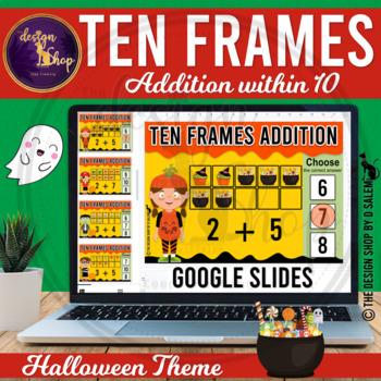 Preview of Math Morning Work Ten Frames Addition Within 10 Halloween Game Google Slides™